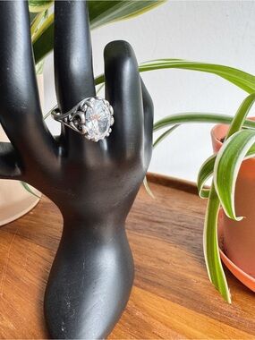 Vintage Kabana Sterling Silver Large CZ Oval Filigree Cocktail Ring Size 6.5